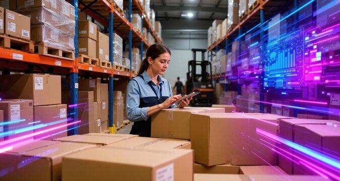 Woman overseeing logistics, inspecting boxes in a warehouse for inventory and distribution. Abstract futuristic business neon digital news broadcast
