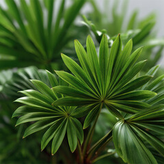 Fototapeta premium Tropical palm leaf green foliage fan shape natural texture lush plant botanical garden vibrant closeup exotic fresh