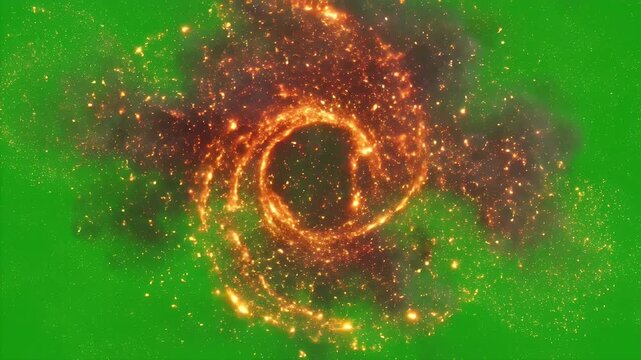 Digital Flame Transformation on Green Screen - A digital flame effect gradually disintegrates into glowing particles against a vivid chroma key green background.
