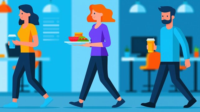 Corporate employees participating in wellness program with walking meetings and healthy lunch