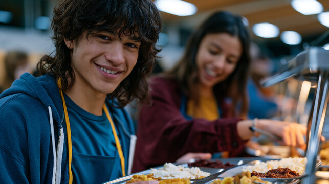 High school exchange student from Morocco struggles to balance a full lunch tray in a loud American school cafeteria, host student pointing helpfully at unfamiliar food items, both grinning, institu