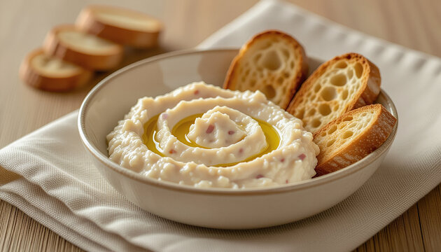 Creamy hummus dip served in bowl with breadsticks on wooden table  