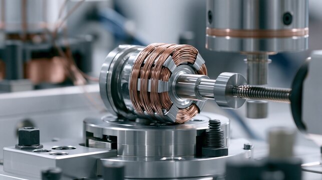 Medium shot of a single ignition coil being precisely wound on an automated station showcasing detailed wire layering and spindle rotation during production.