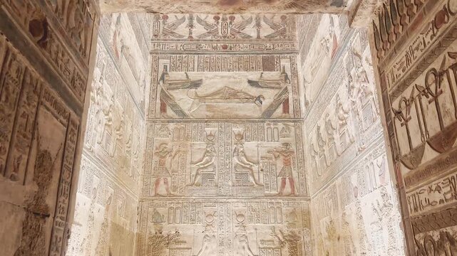 Beautiful bas-reliefs and ancient hieroglyphs from the Dendera Temple Complex, Qena, Egypt.
