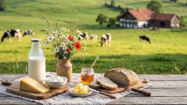 Panning shot of rustic breakfast spread on wooden table with grazing cows in meadow near farmhouse