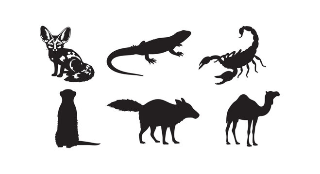 Desert animals silhouettes featuring fennec fox lizard scorpion meerkat hyena camel vector illustration wildlife collection.
