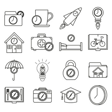 Business time travel icon set features black vector outline collection. Design complements corporate planning.