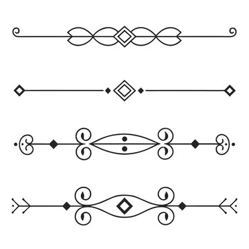 Set of elegant ornamental dividers featuring swirls flourishes and diamond shapes for classic page decoration and graphic design