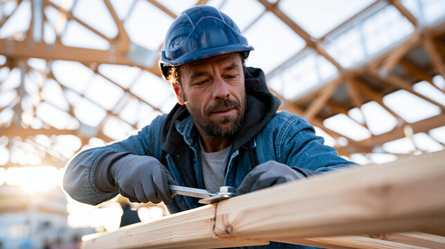 Soaring exposed parallel chord timber roof truss system spanning vast interior of converted rural railway goods shed building project, structural carpenter silhouetted against orig