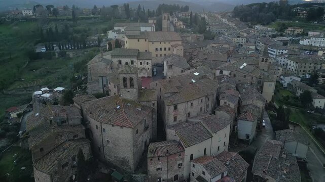 Aerial view of the beautiful medieval town of Anghiari in the province of Arezzo, Tuscany, Italy. Majestic old stone buildings at dusk