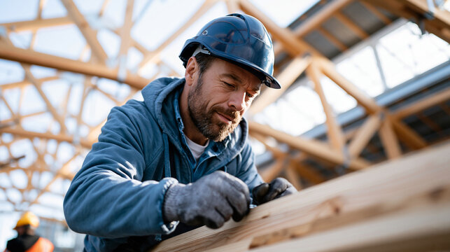 Soaring exposed parallel chord timber roof truss system spanning vast interior of converted rural railway goods shed building project, structural carpenter silhouetted against orig
