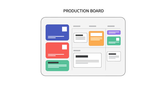 Project Management Production Board Illustration with Colorful Task Cards for Agile Workflow, Planning, and Business Productivity Tracking