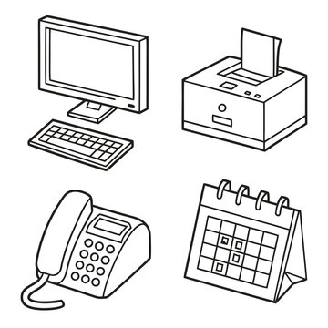 Office equipment isometric outline set isolated. computer monitor keyboard printer telephone calendar with marked dates. black white drawing collection