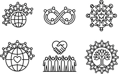 Fototapeta premium Set of black and white unity, togetherness, and community concept icons