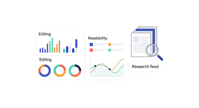 Data Analytics and Content Performance Dashboard Illustration showing Editing Stats, Readability Scores, and Research Feed Icons