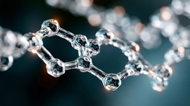 A luxury skincare background scene with a large glowing hyaluronic acid chain molecule sprawling elegantly behind the center, massive luminous polysaccharide chain structures float