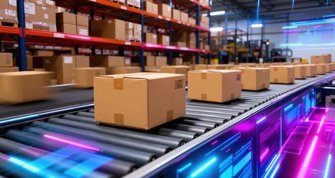 Closeup of multiple cardboard boxes moving on conveyor belt in warehouse fulfillment center ecommerce delivery automation photo realistic. Abstract futuristic business neon digital news broadcast
