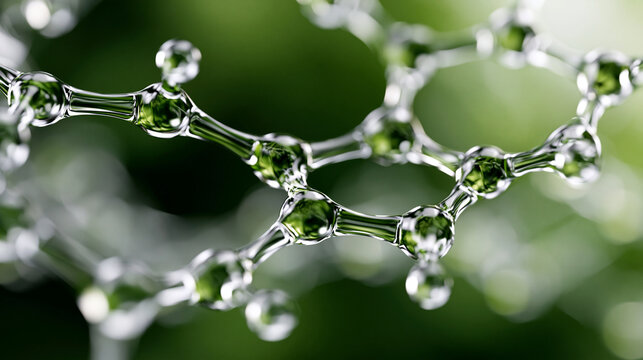 A luxury skincare background scene with a large glowing squalane hydrocarbon molecule chain network floating behind the center, massive luminous branched carbon chain structures fl