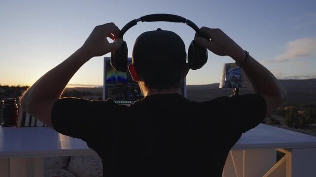 Man sitting at Computer Desk in Desert Sunset puts headphones on