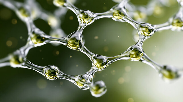 A luxury skincare background scene with a large glowing squalane hydrocarbon molecule chain network floating behind the center, massive luminous branched carbon chain structures fl