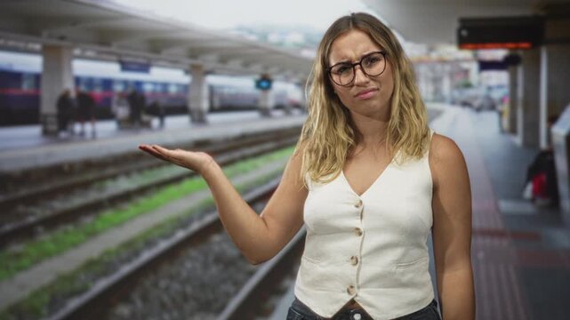 Woman with outstretched hand and palm visible at train platform building, wearing glasses and buttoned vest; confusion waiting.