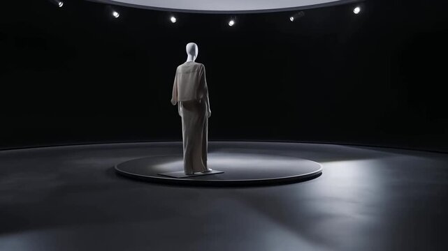 Static shot of mannequin rotating on circular platform in dark studio with spotlights