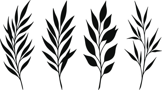 Black Tropical Leaf Silhouettes and Elegant Botanical Branch Vectors for Minimalist Logos, Wedding Invitations, Packaging Design, and Modern Nature Wall Art