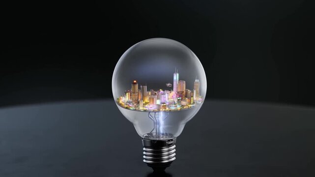 Slow zoomin shot of miniature illuminated city inside light bulb on dark tabletop studio background