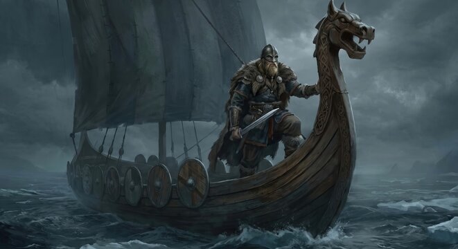 Fierce Viking warrior standing at the prow of a longship in icy waters