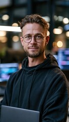 Fototapeta premium Developer applicant holding laptop in modern tech workspace