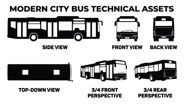 Modern city bus technical assets vector illustration side front back top 3/4 views transparent background.