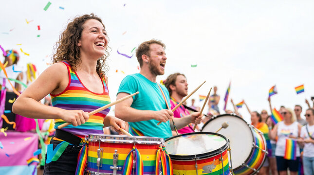 Drummers playing music at Pride parade summer celebration  