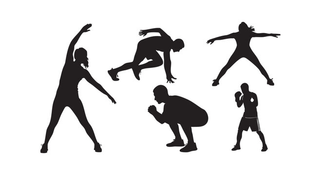 Fitness and exercise silhouettes of people doing various sports and workouts actively.