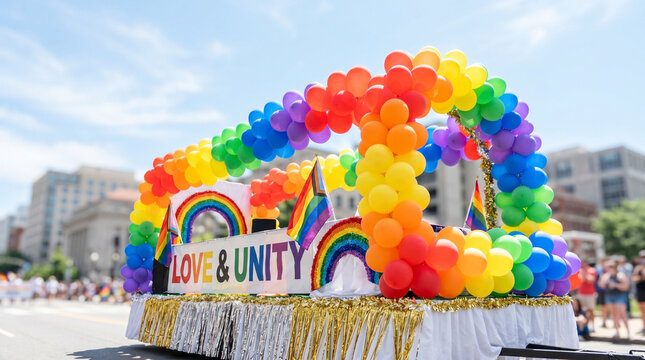 Pride parade float with balloons decorated in rainbow colors  