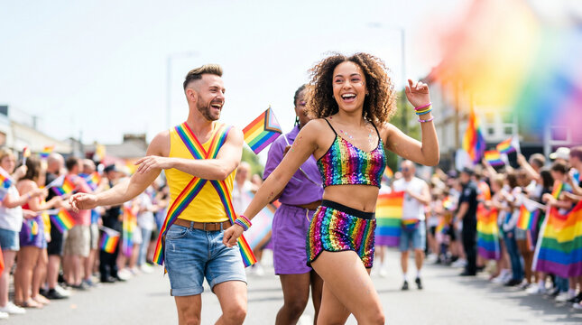 Young men and women dancing in vibrant outfits at Pride parade summer  