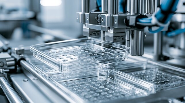 Detailed medium shot capturing robotoperated thermoforming line forming crystalclear trays with precision punch holes surrounded by sleek stainless steel equipment and wideangle