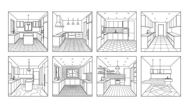Collection of eight different modern kitchen interior design line art illustrations on transparent.
