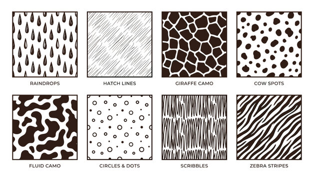 Hand drawn seamless pattern set featuring raindrops and hatch lines with giraffe camo and cow spots on transparent background vector kit.