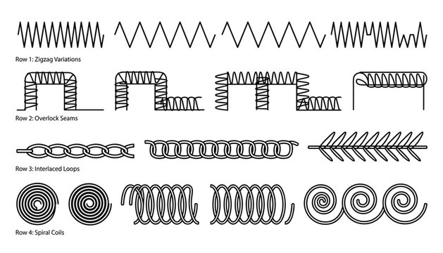 Various sewing machine stitch patterns including zigzags overlock loops and coils on transparent background.