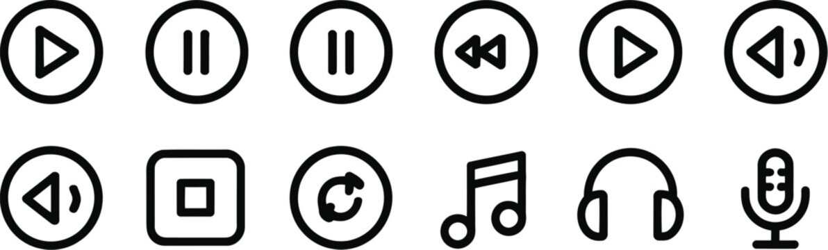 Media player button vector icon set featuring line art symbols for play pause stop rewind music note headphones and microphone