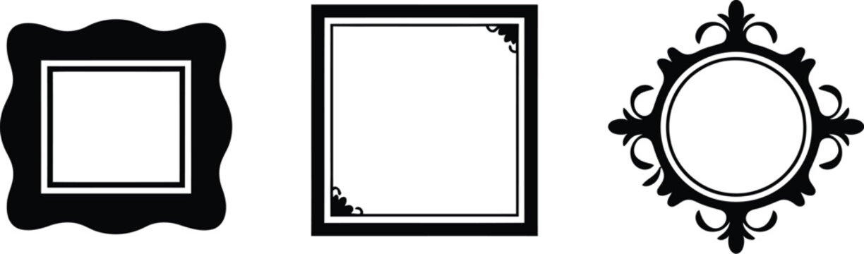 Collection of antique photo frames with decorative filigree borders retro luxury design elements and isolated black geometric silhouette shapes