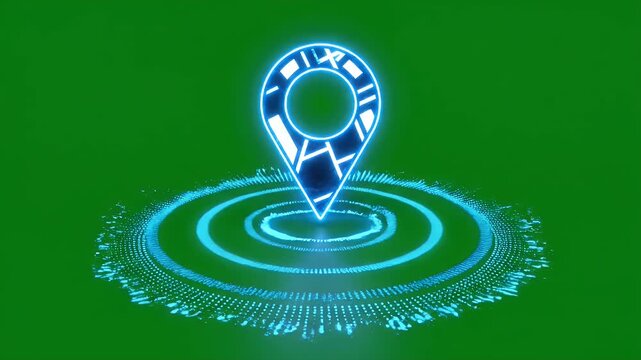Futuristic Map Pin on Green Screen - A glowing, digital map pin symbol hovers above an expanding ripple effect, set against a vibrant chroma key green screen.