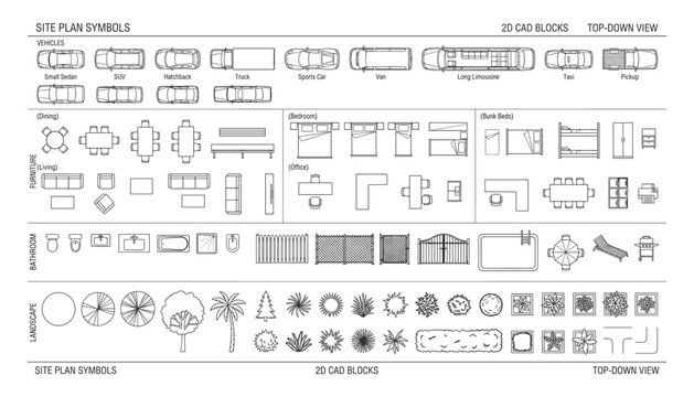 Site plan symbols and 2d cad blocks top down view including vehicles furniture bathroom and landscape vector transparent.