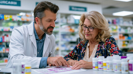 Fototapeta premium Pharmacist explaining medication interaction chart to confused elderly patient at dispensary counter, printed drug schedule spread between them on surface, pill bottles arranged by dosage frequency,