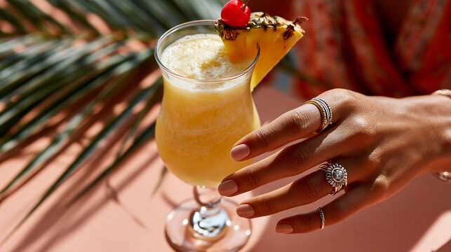 a single creamy yellow pina colada beverage in a hurricane curved stemware with a pineapple wedge and cherry garnish, placed on a flat surface with a clean soft coral background, s