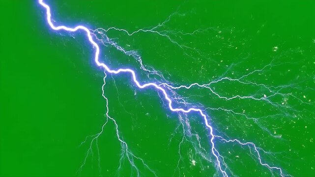 Neon Lightning Bolt on Chroma Key Green Screen - A vivid neon lightning bolt is set against a bright green chroma key background.