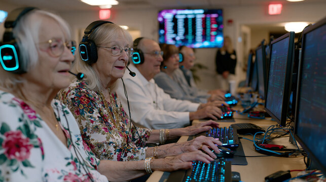 Retirement community recreation room transformed into competitive gaming lounge, six seniors aged sixty-eight to eighty wearing headsets at monitor stations, leaderboard displayed on wall screen, oc