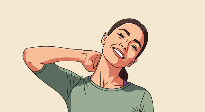 Stylized portrait of a smiling person stretching their neck