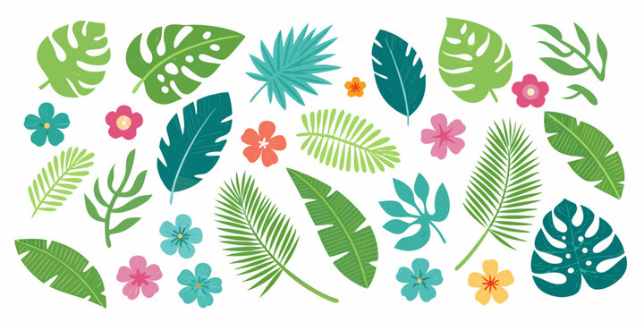 Tropical leaves and flowers a colorful vector illustration on a white background