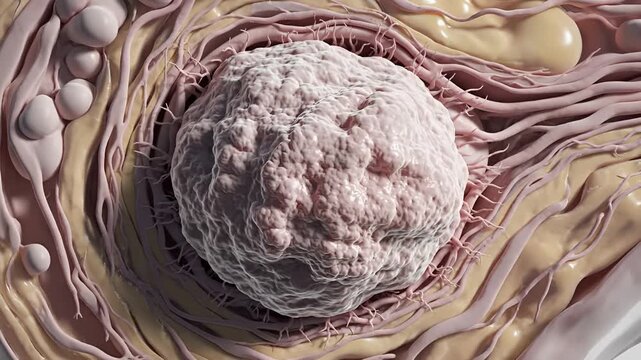 Microscopic view of a tumor cell growing and dividing within the body.